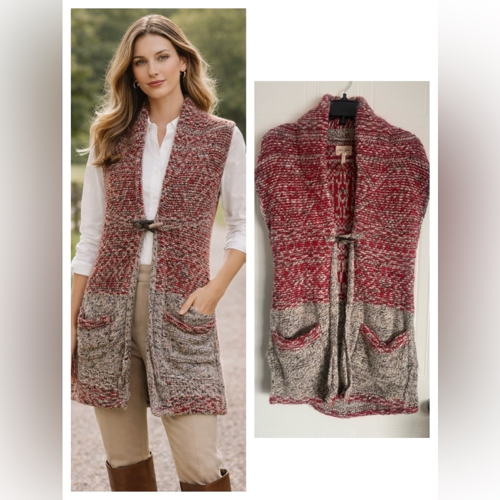Wilfred Wool Blend Long Knit Vest XS Red Gray Toggle Heritage Layering